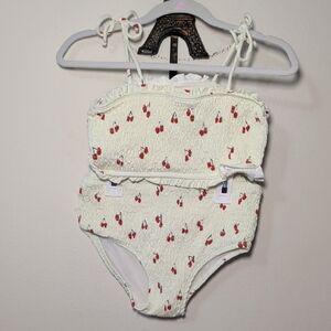Fin & Vince Cherry Print Smocked Bikini White Red Summer Beach Girls Size 8/9